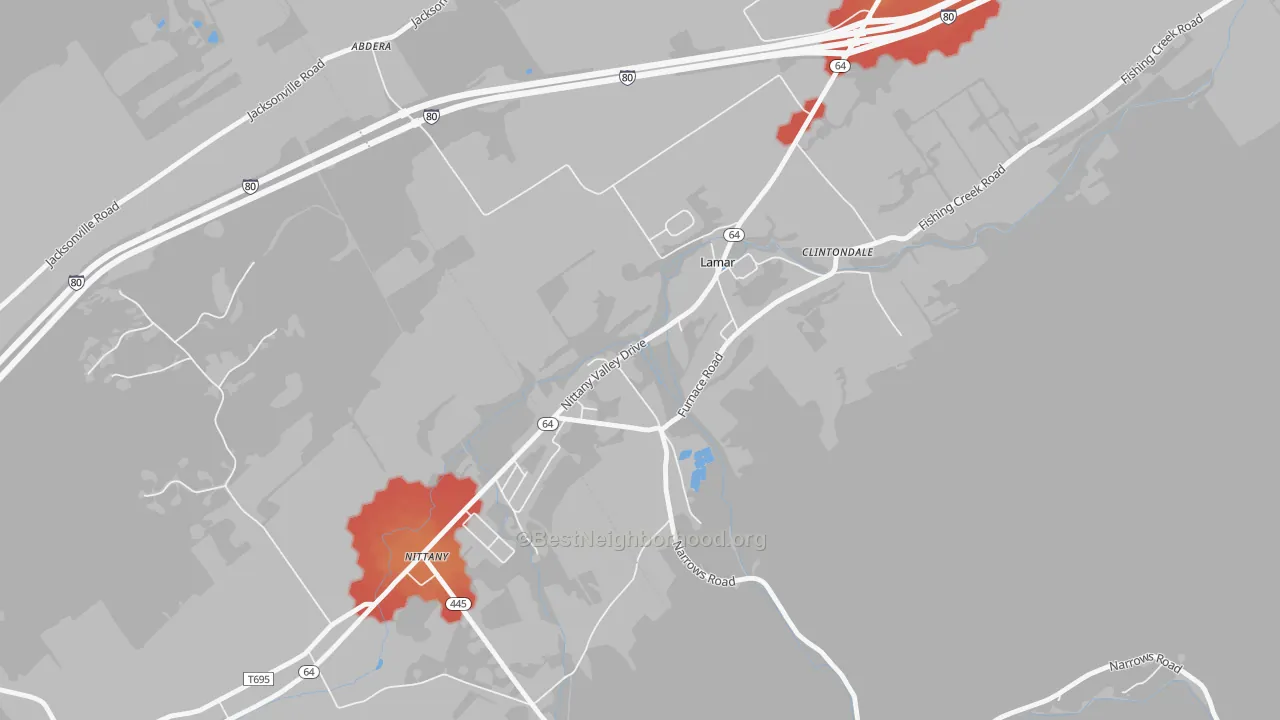 Walk Grade map of 16848, PA, walkable areas in green and car-dependent areas in red