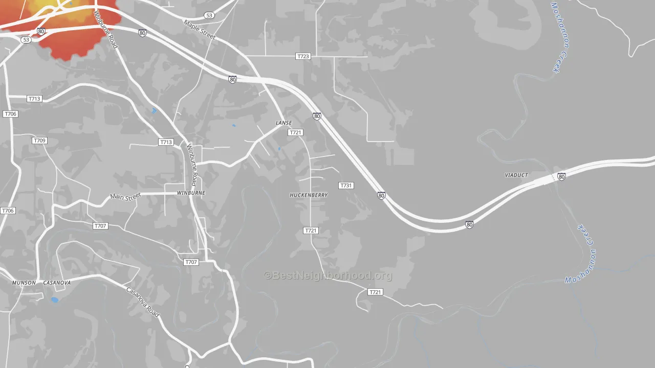 Walk Grade map of 16849, PA, walkable areas in green and car-dependent areas in red