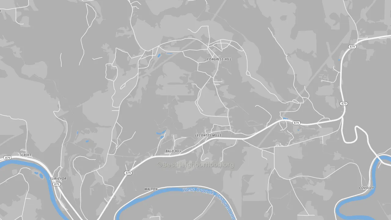 Walk Grade map of 16850, PA, walkable areas in green and car-dependent areas in red