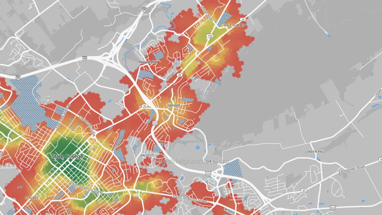 Walk Grade map of 16851, PA, walkable areas in green and car-dependent areas in red