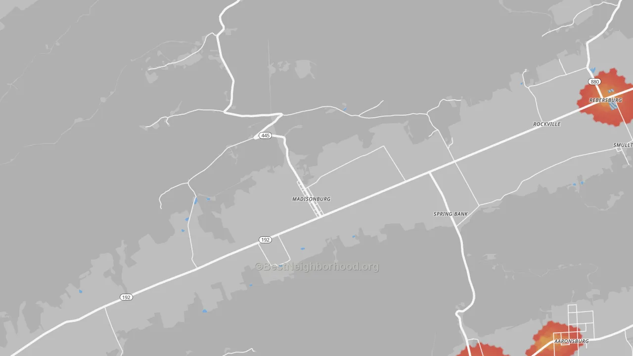 Walk Grade map of 16852, PA, walkable areas in green and car-dependent areas in red