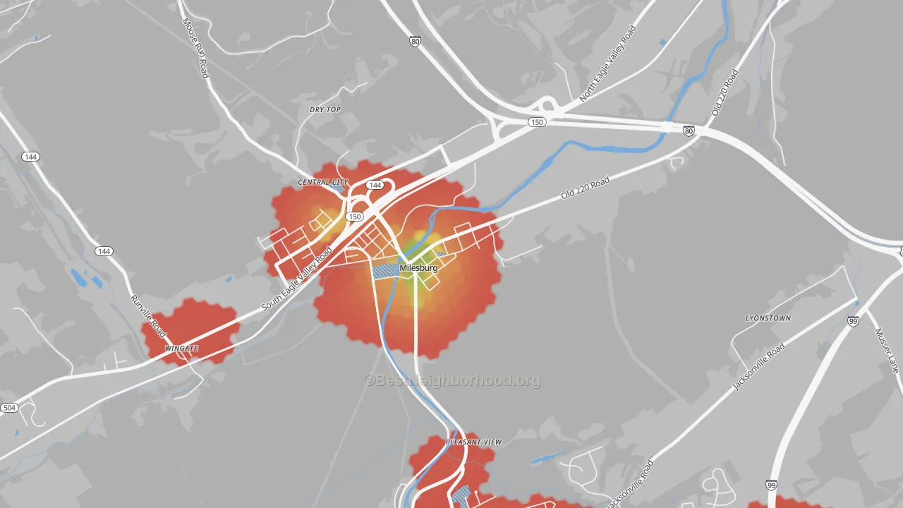 Walk Grade map of 16853, PA, walkable areas in green and car-dependent areas in red