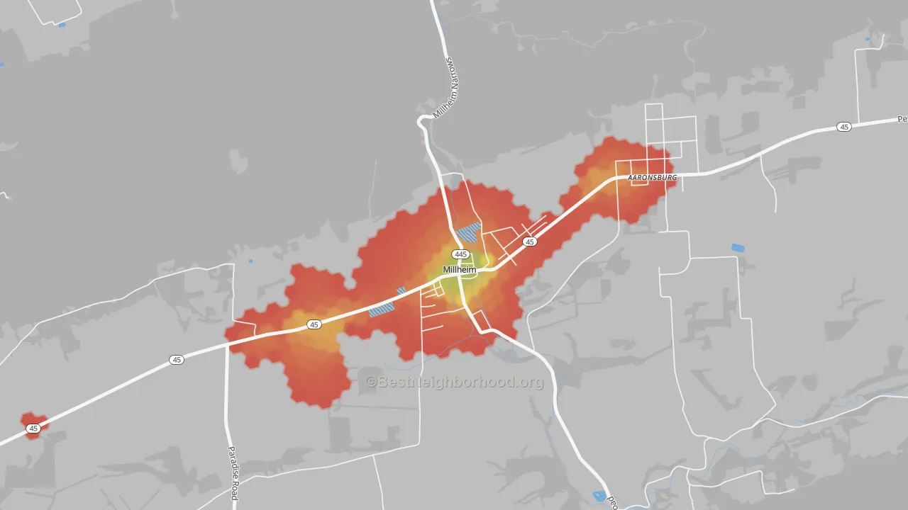 Walk Grade map of 16854, PA, walkable areas in green and car-dependent areas in red