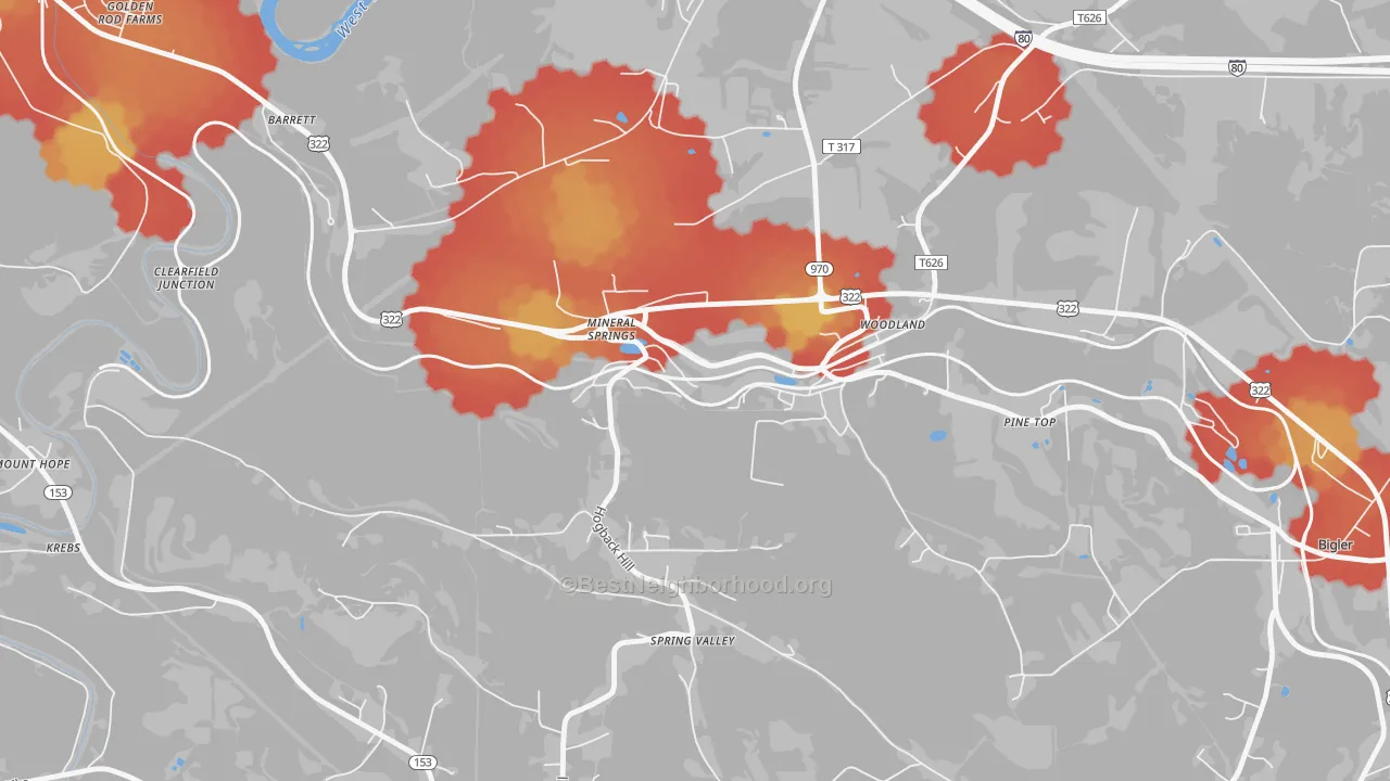 Walk Grade map of 16855, PA, walkable areas in green and car-dependent areas in red