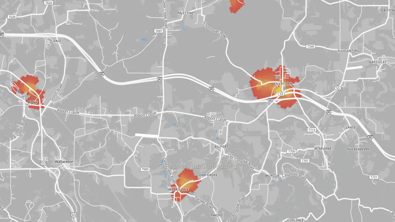 Walk Grade map of 16858, PA, walkable areas in green and car-dependent areas in red