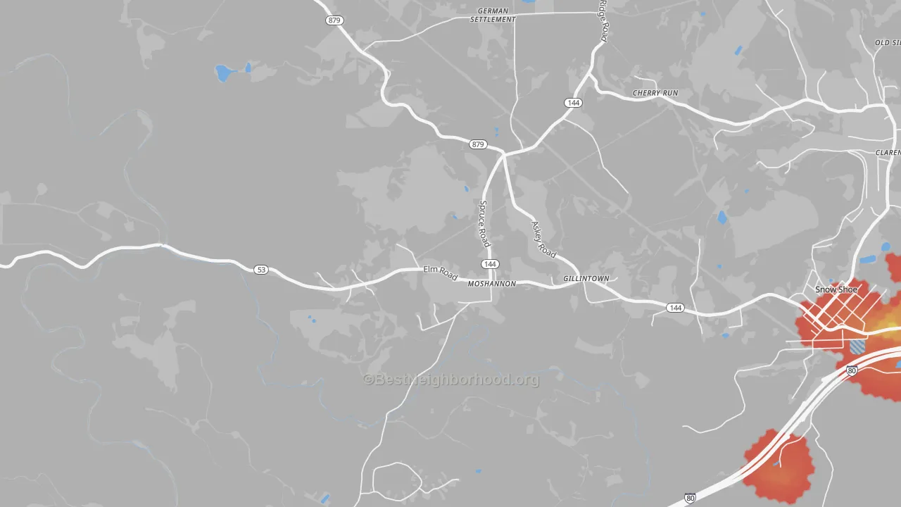 Walk Grade map of 16859, PA, walkable areas in green and car-dependent areas in red