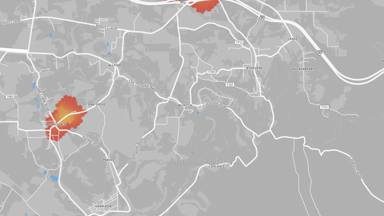 Walk Grade map of 16860, PA, walkable areas in green and car-dependent areas in red