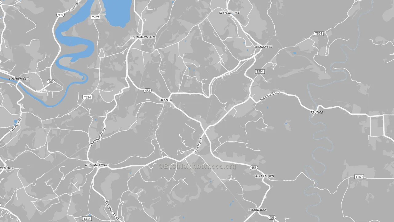 Walk Grade map of 16863, PA, walkable areas in green and car-dependent areas in red