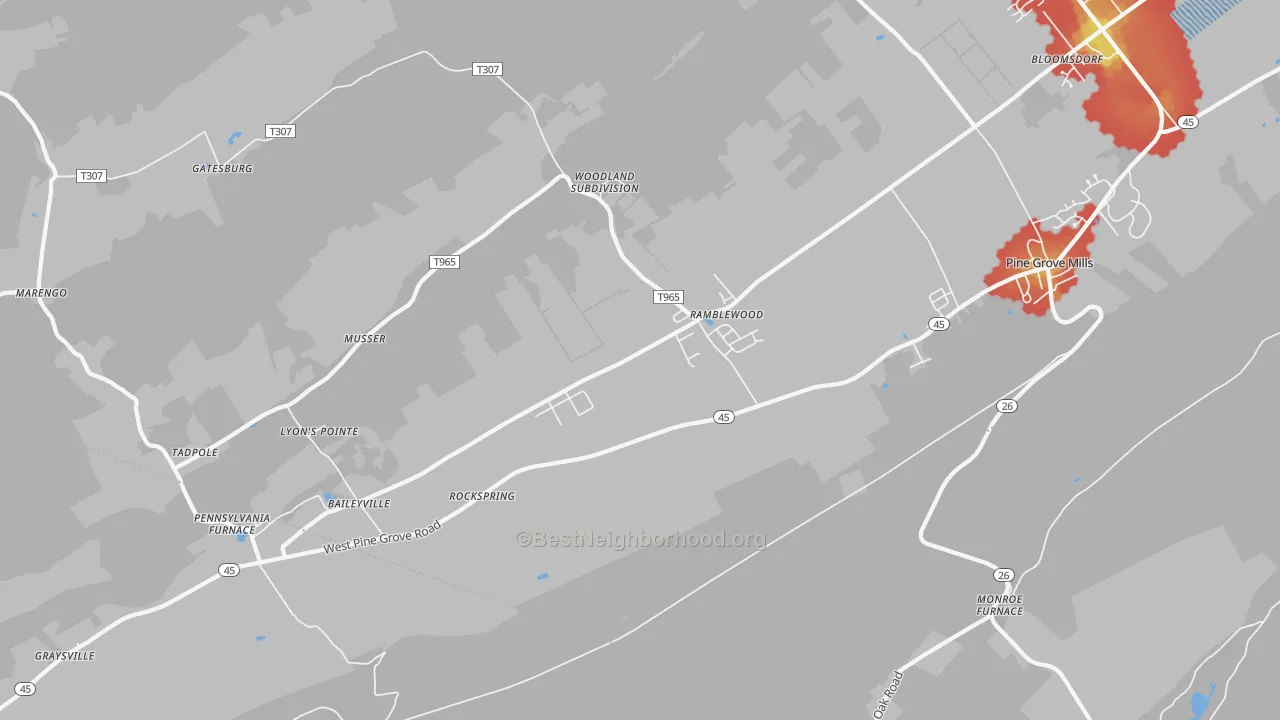 Walk Grade map of 16865, PA, walkable areas in green and car-dependent areas in red