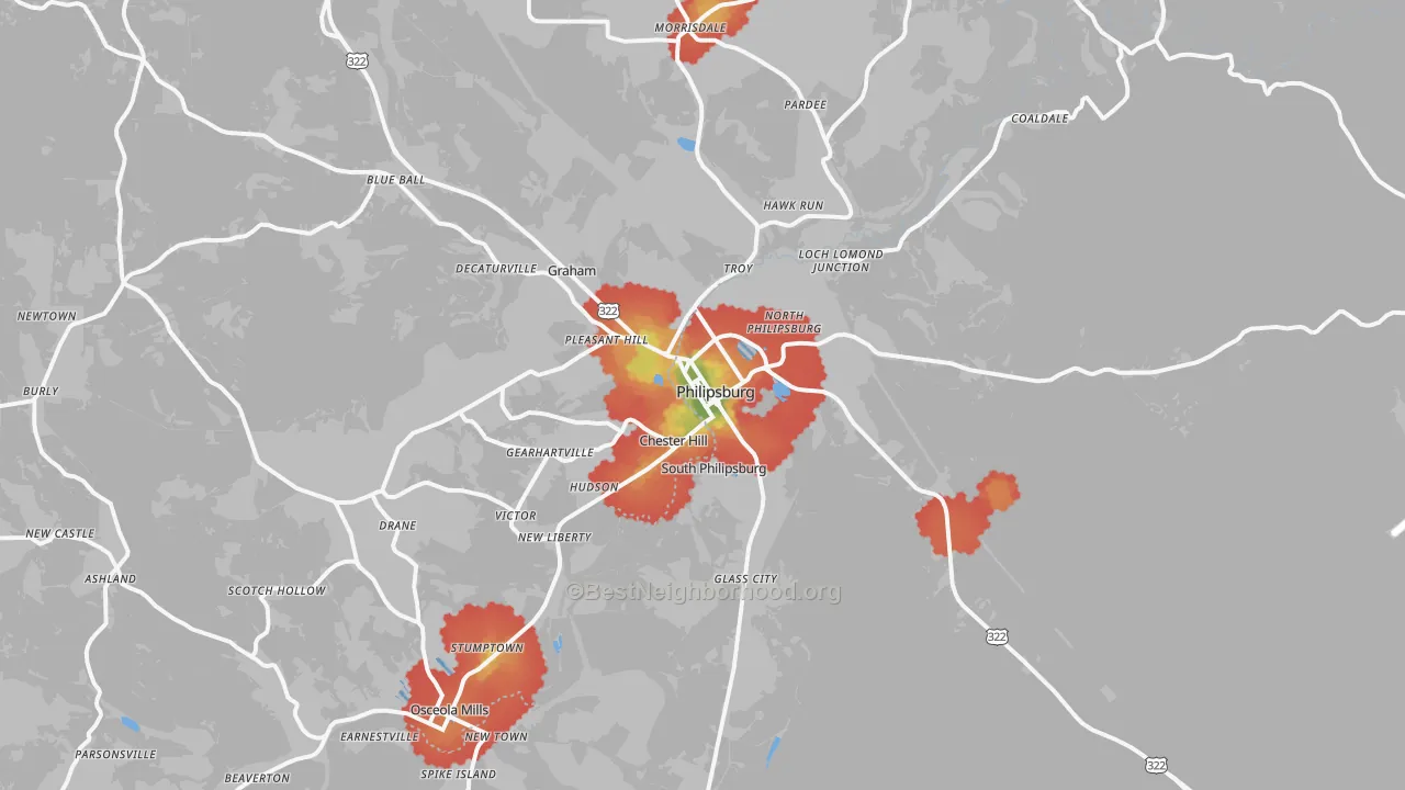 Walk Grade map of 16866, PA, walkable areas in green and car-dependent areas in red