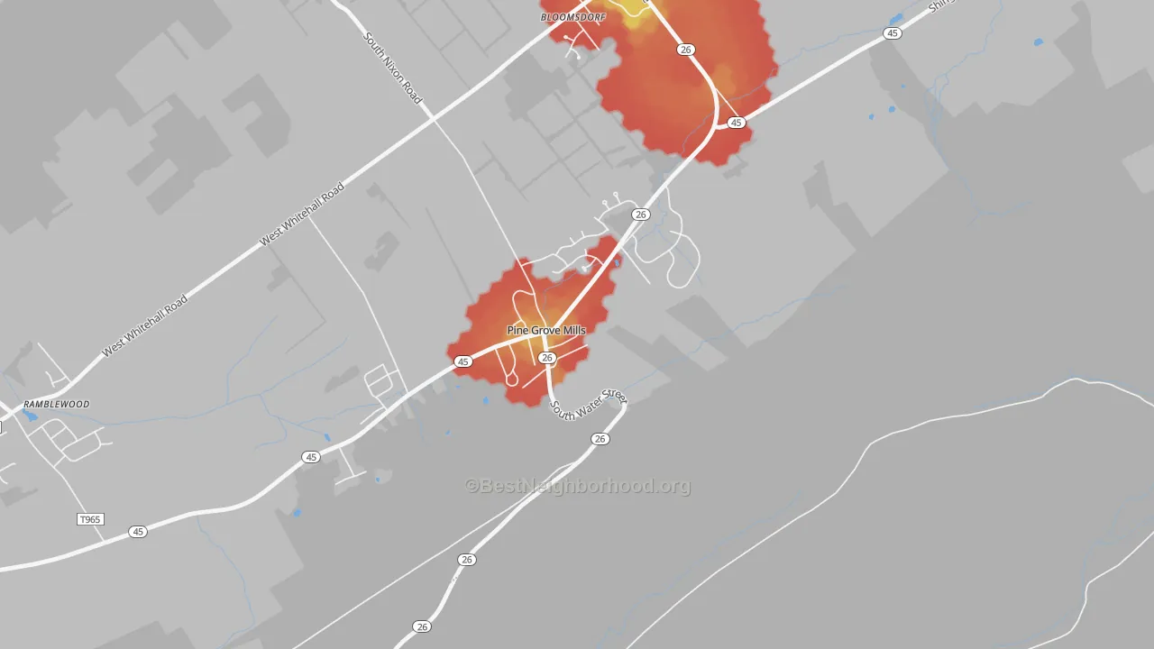 Walk Grade map of 16868, PA, walkable areas in green and car-dependent areas in red