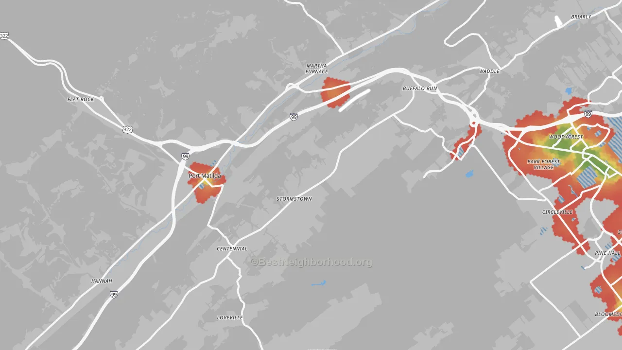 Walk Grade map of 16870, PA, walkable areas in green and car-dependent areas in red