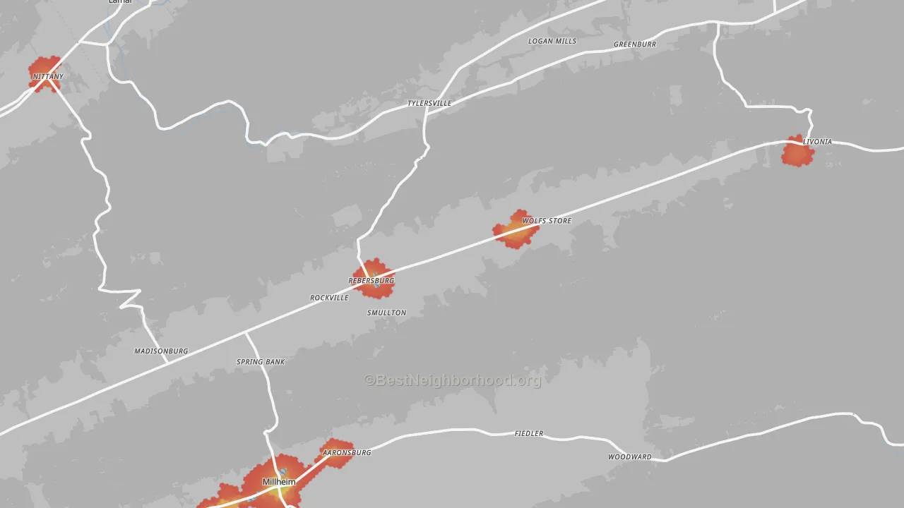 Walk Grade map of 16872, PA, walkable areas in green and car-dependent areas in red
