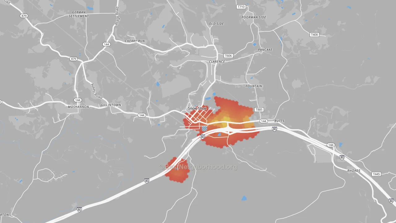 Walk Grade map of 16874, PA, walkable areas in green and car-dependent areas in red