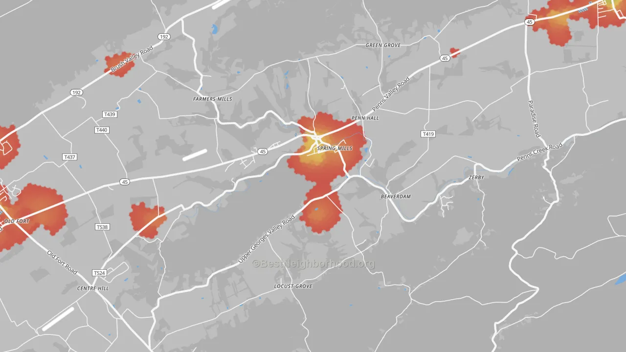 Walk Grade map of 16875, PA, walkable areas in green and car-dependent areas in red