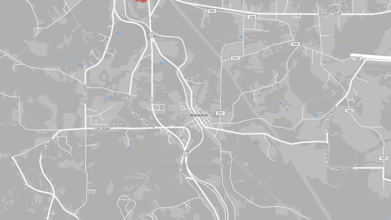 Walk Grade map of 16876, PA, walkable areas in green and car-dependent areas in red
