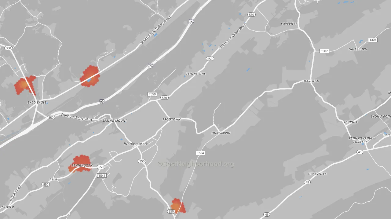 Walk Grade map of 16877, PA, walkable areas in green and car-dependent areas in red