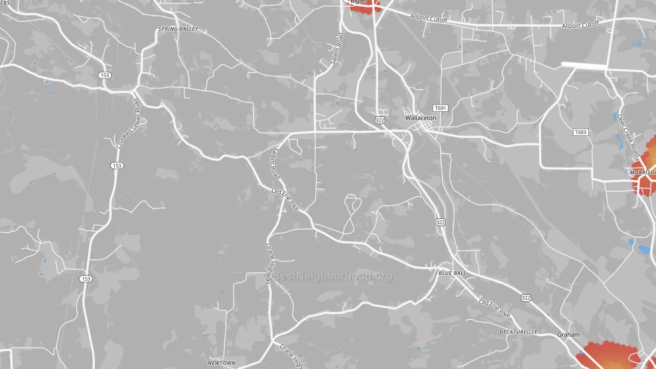 Walk Grade map of 16878, PA, walkable areas in green and car-dependent areas in red
