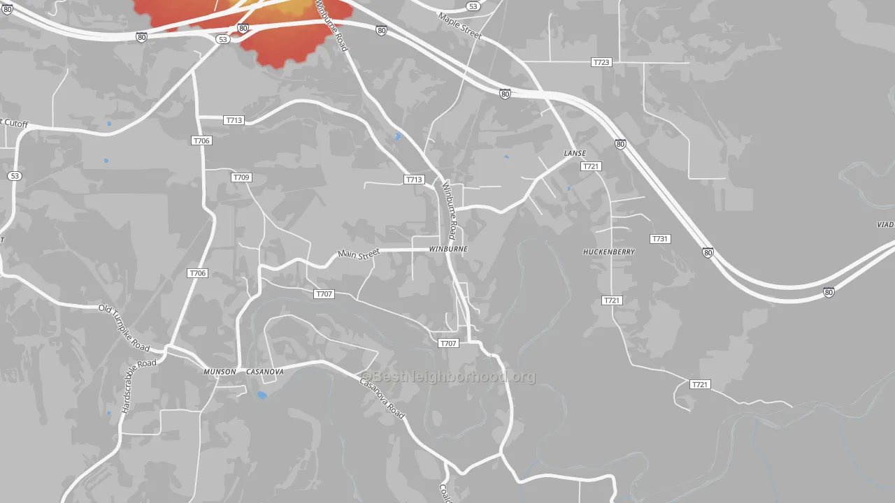 Walk Grade map of 16879, PA, walkable areas in green and car-dependent areas in red