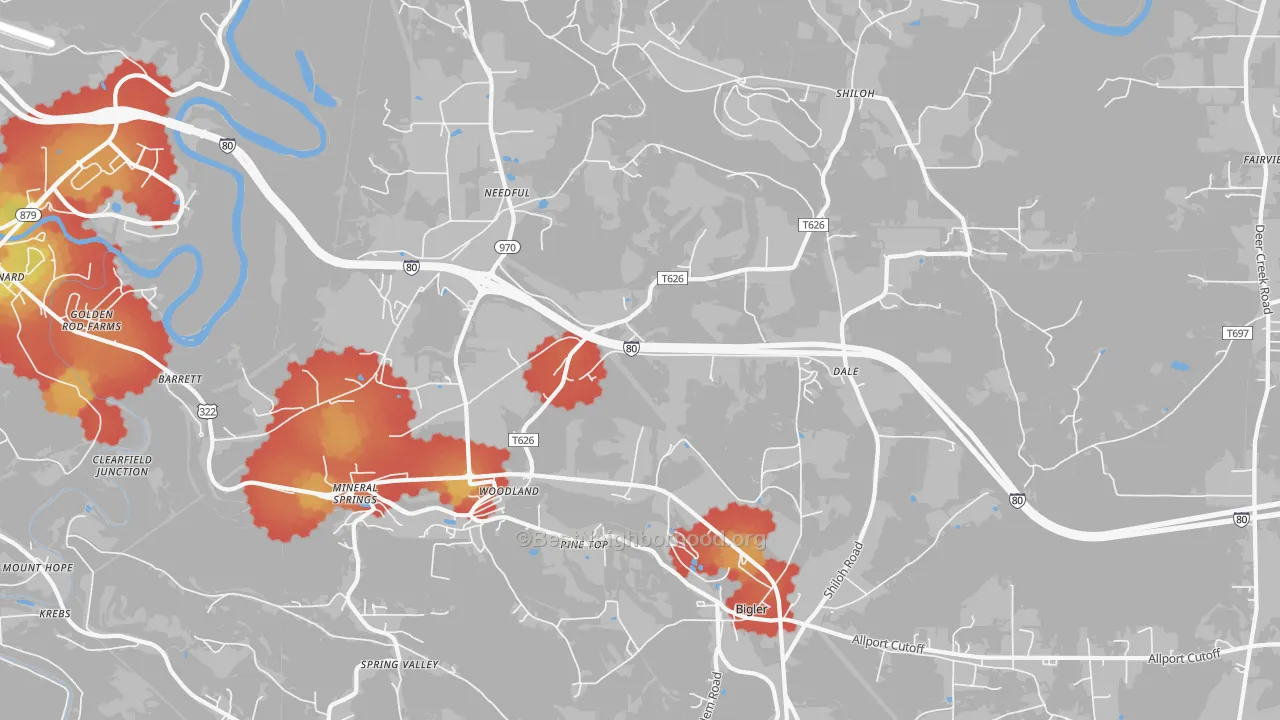 Walk Grade map of 16881, PA, walkable areas in green and car-dependent areas in red