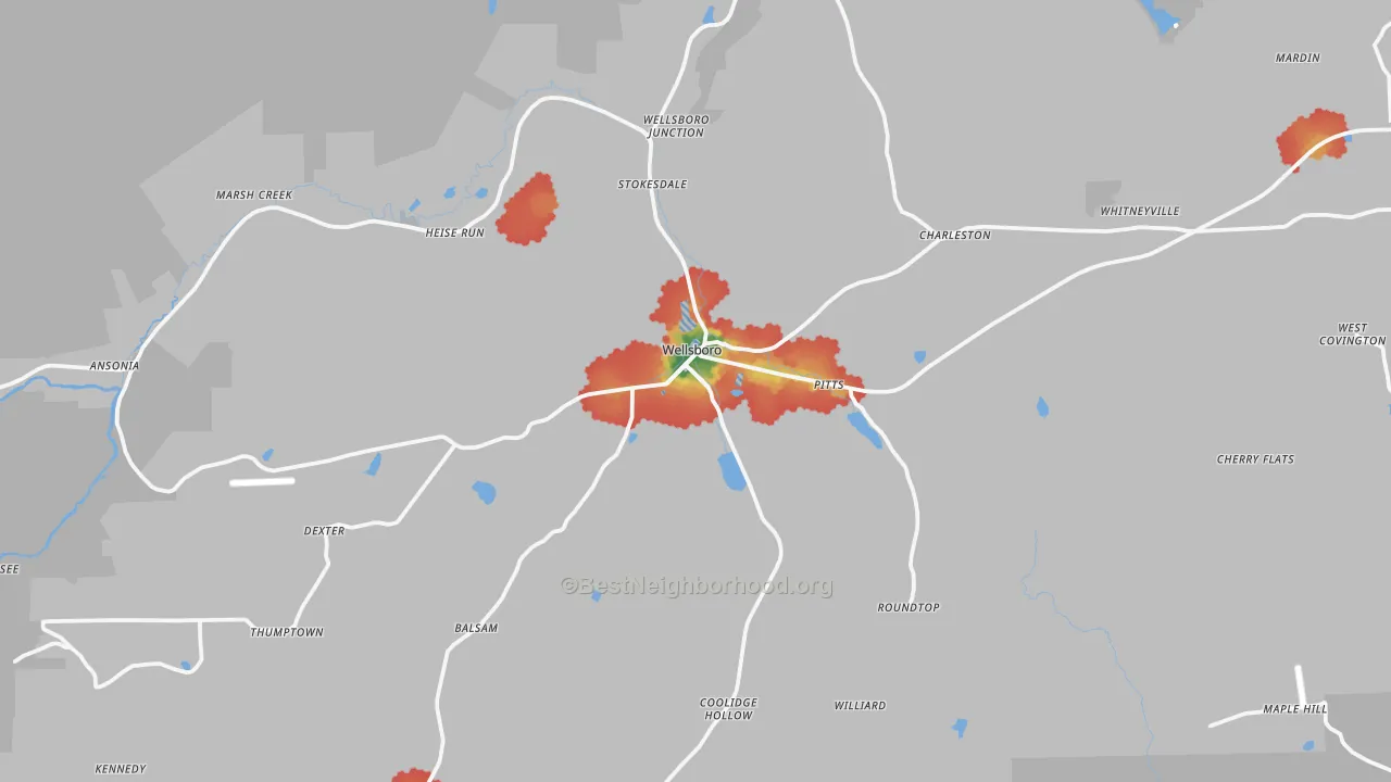 Walk Grade map of 16901, PA, walkable areas in green and car-dependent areas in red