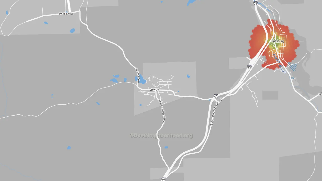 Walk Grade map of 16911, PA, walkable areas in green and car-dependent areas in red
