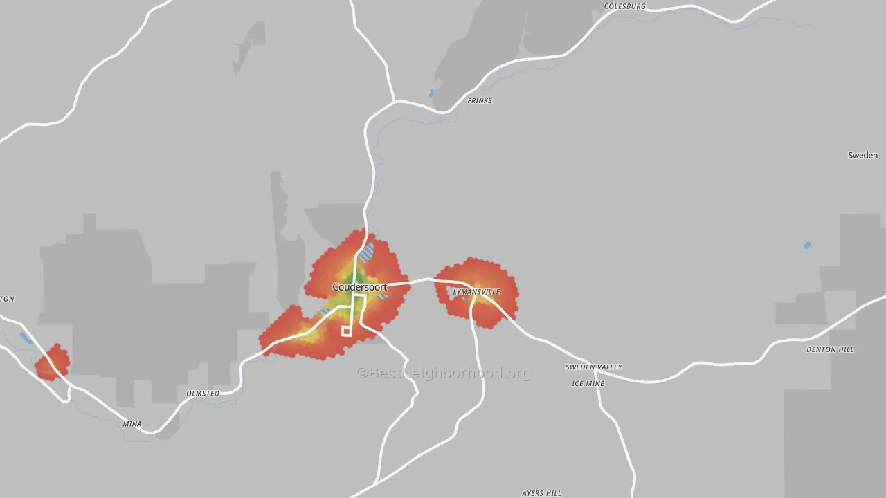 Walk Grade map of 16915, PA, walkable areas in green and car-dependent areas in red