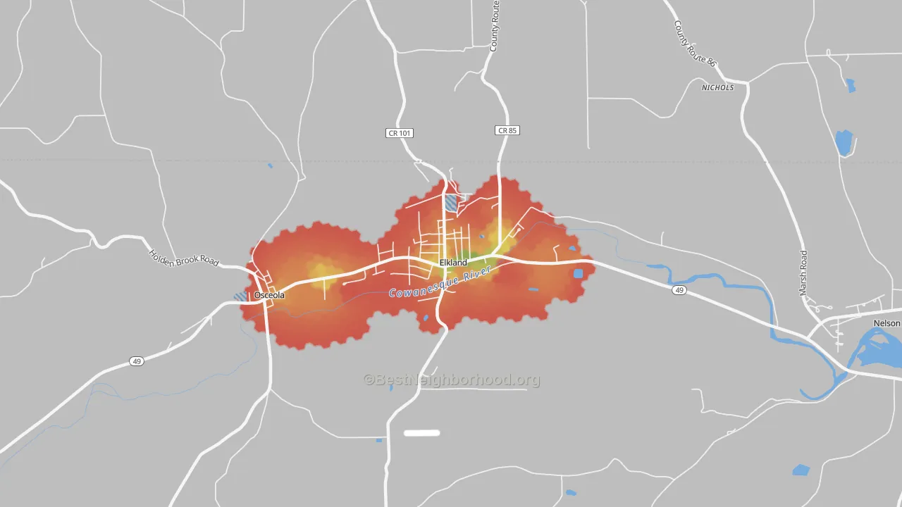 Walk Grade map of 16920, PA, walkable areas in green and car-dependent areas in red
