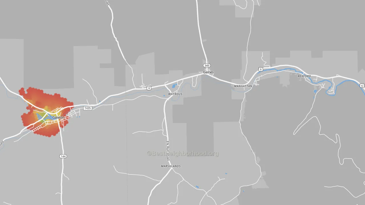 Walk Grade map of 16921, PA, walkable areas in green and car-dependent areas in red