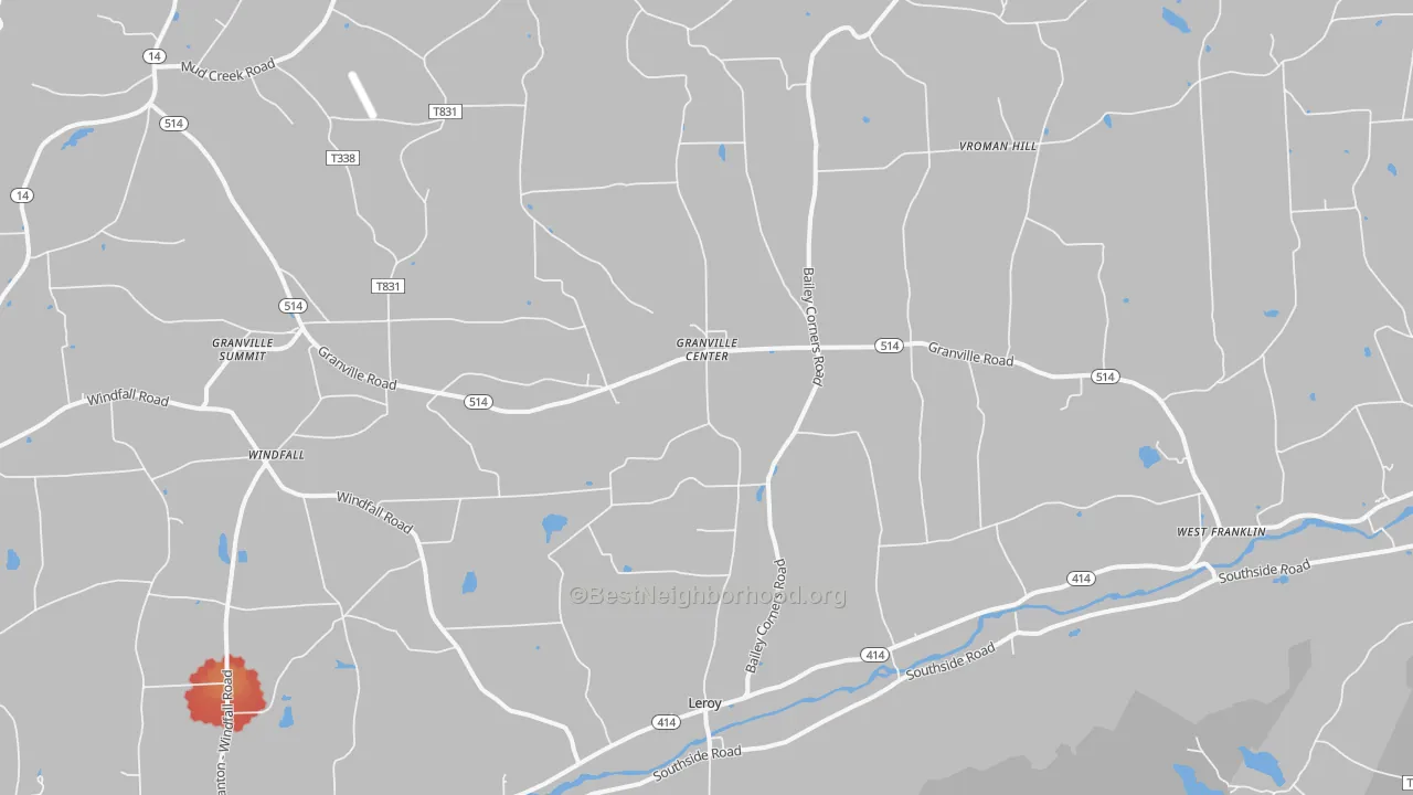 Walk Grade map of 16926, PA, walkable areas in green and car-dependent areas in red