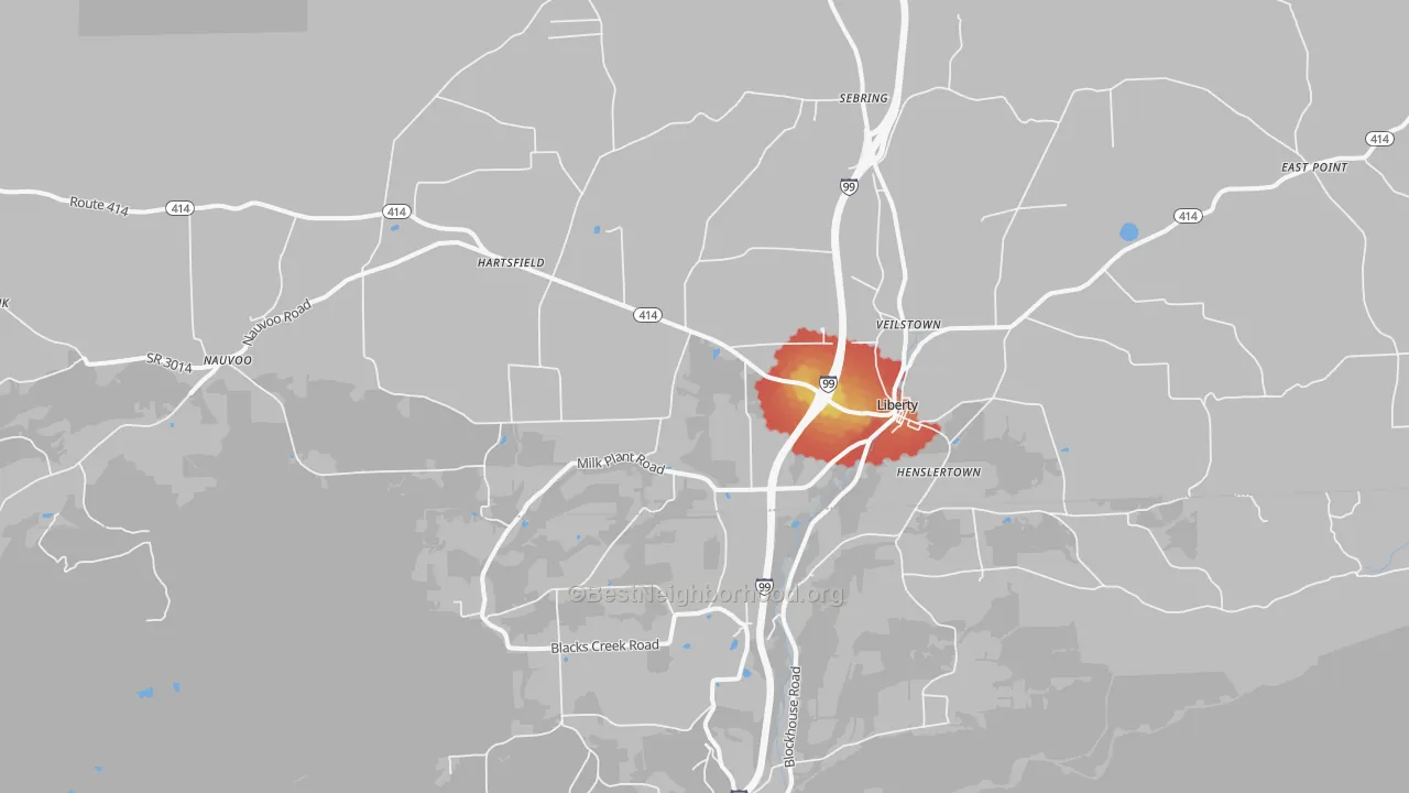 Walk Grade map of 16930, PA, walkable areas in green and car-dependent areas in red