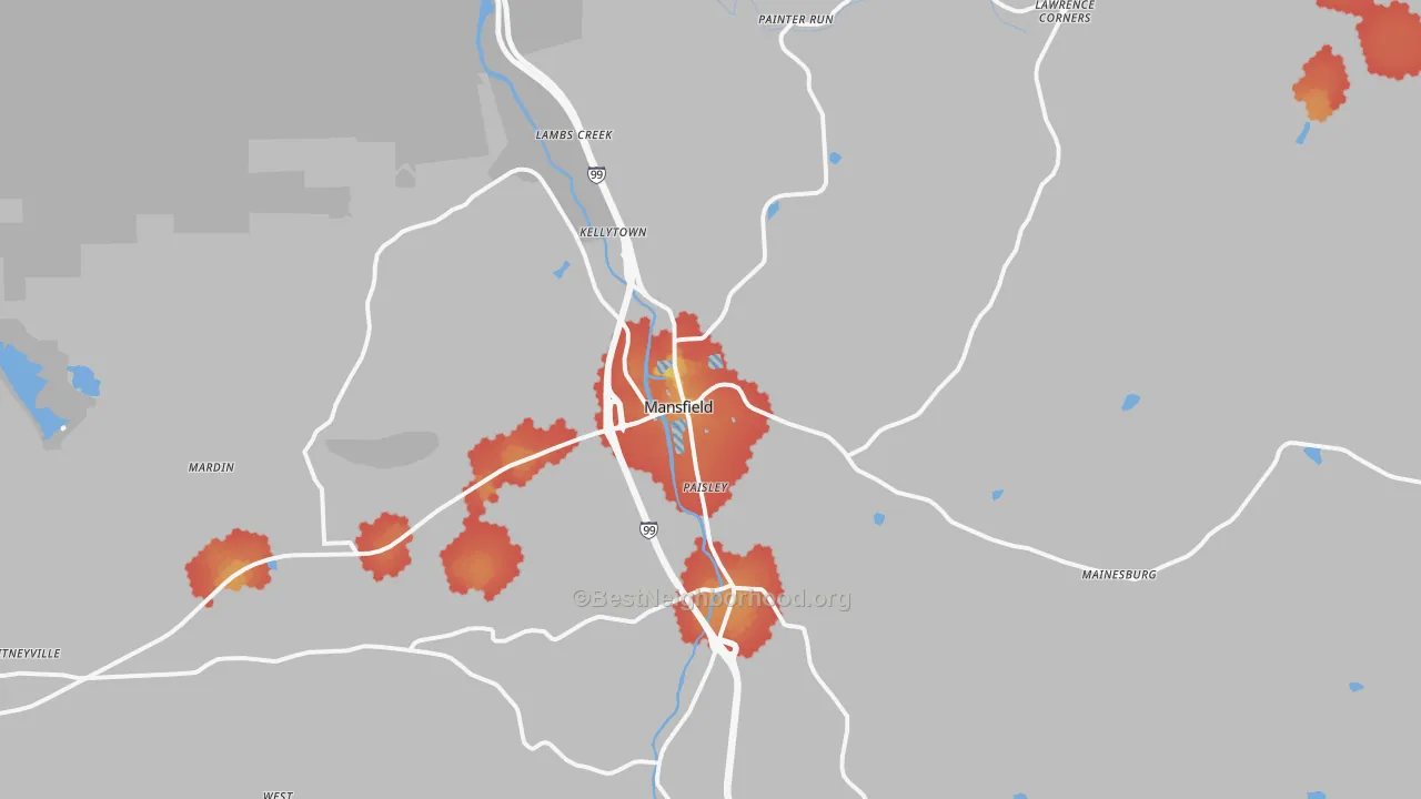 Walk Grade map of 16933, PA, walkable areas in green and car-dependent areas in red