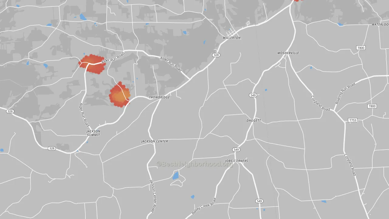 Walk Grade map of 16936, PA, walkable areas in green and car-dependent areas in red