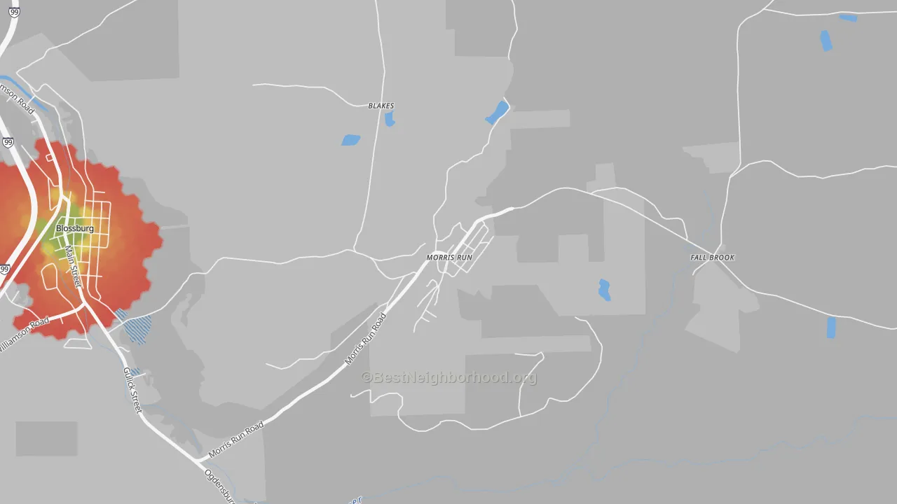 Walk Grade map of 16939, PA, walkable areas in green and car-dependent areas in red