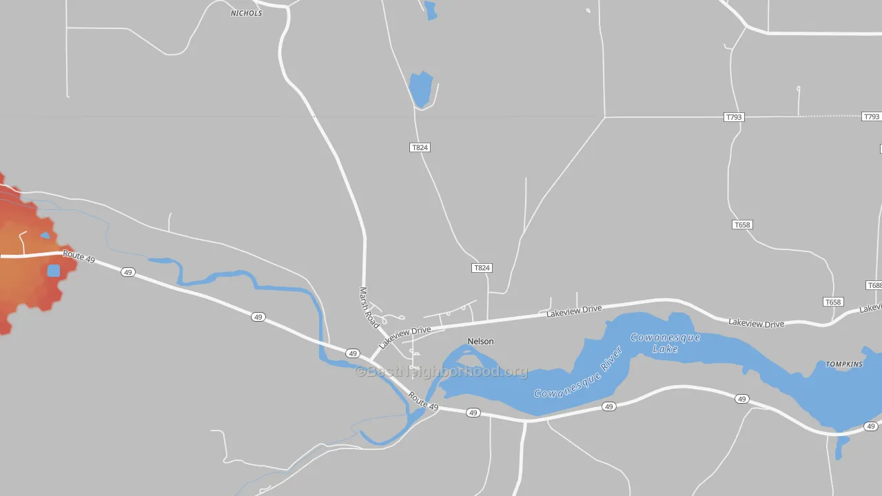 Walk Grade map of 16940, PA, walkable areas in green and car-dependent areas in red