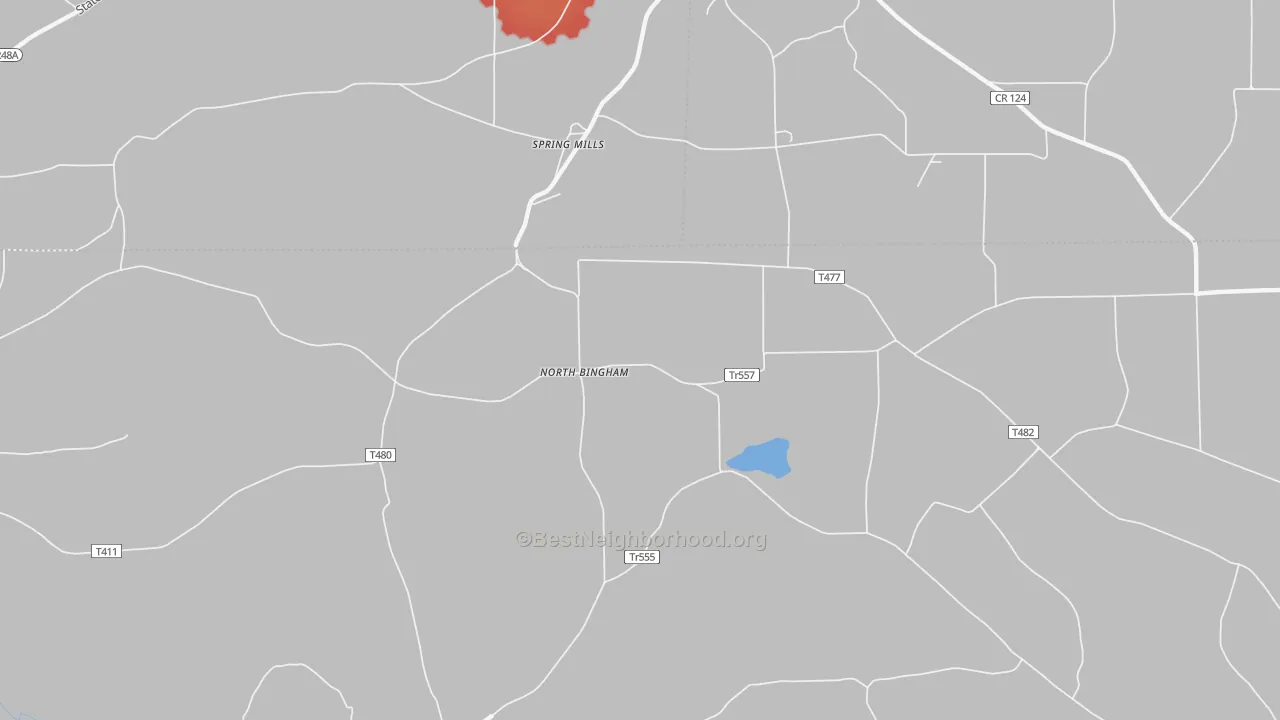 Walk Grade map of 16941, PA, walkable areas in green and car-dependent areas in red
