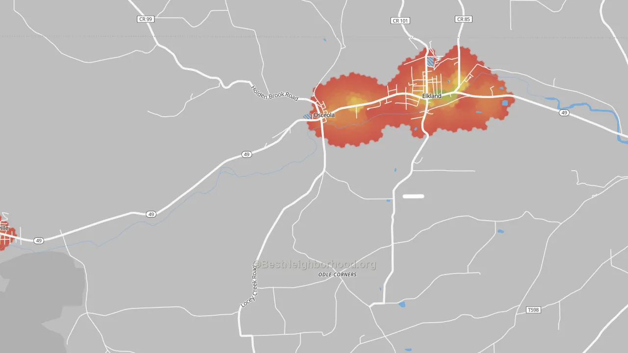 Walk Grade map of 16942, PA, walkable areas in green and car-dependent areas in red