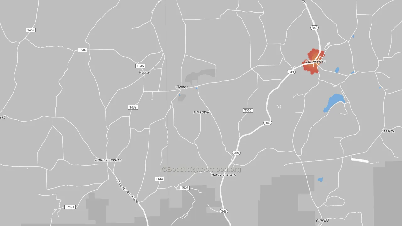 Walk Grade map of 16943, PA, walkable areas in green and car-dependent areas in red