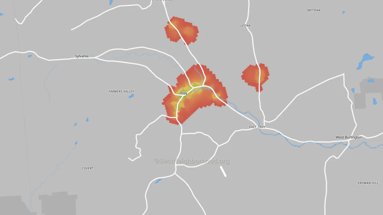 Walk Grade map of 16947, PA, walkable areas in green and car-dependent areas in red