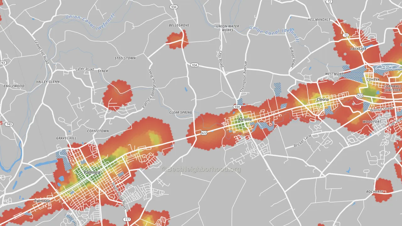 Walk Grade map of 17003, PA, walkable areas in green and car-dependent areas in red