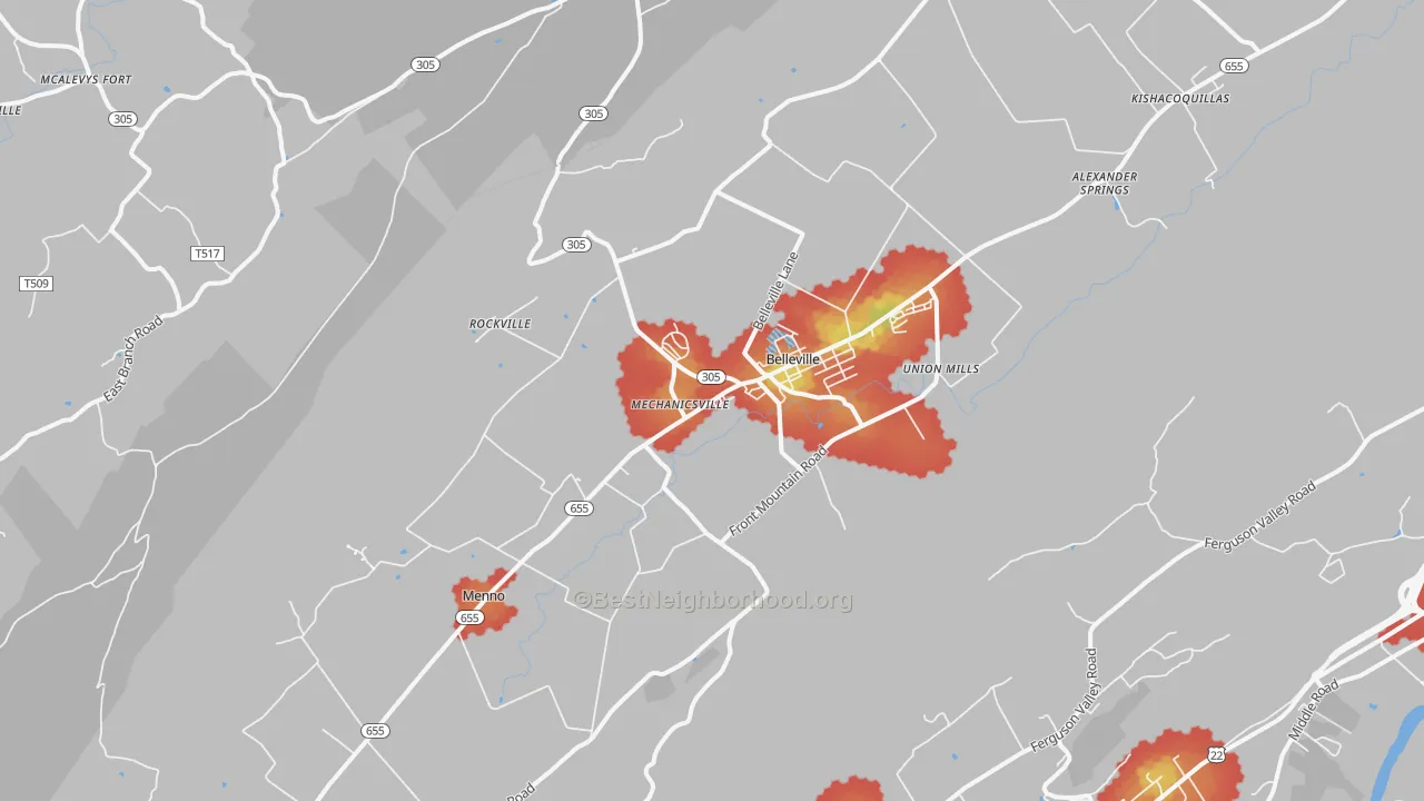 Walk Grade map of 17004, PA, walkable areas in green and car-dependent areas in red