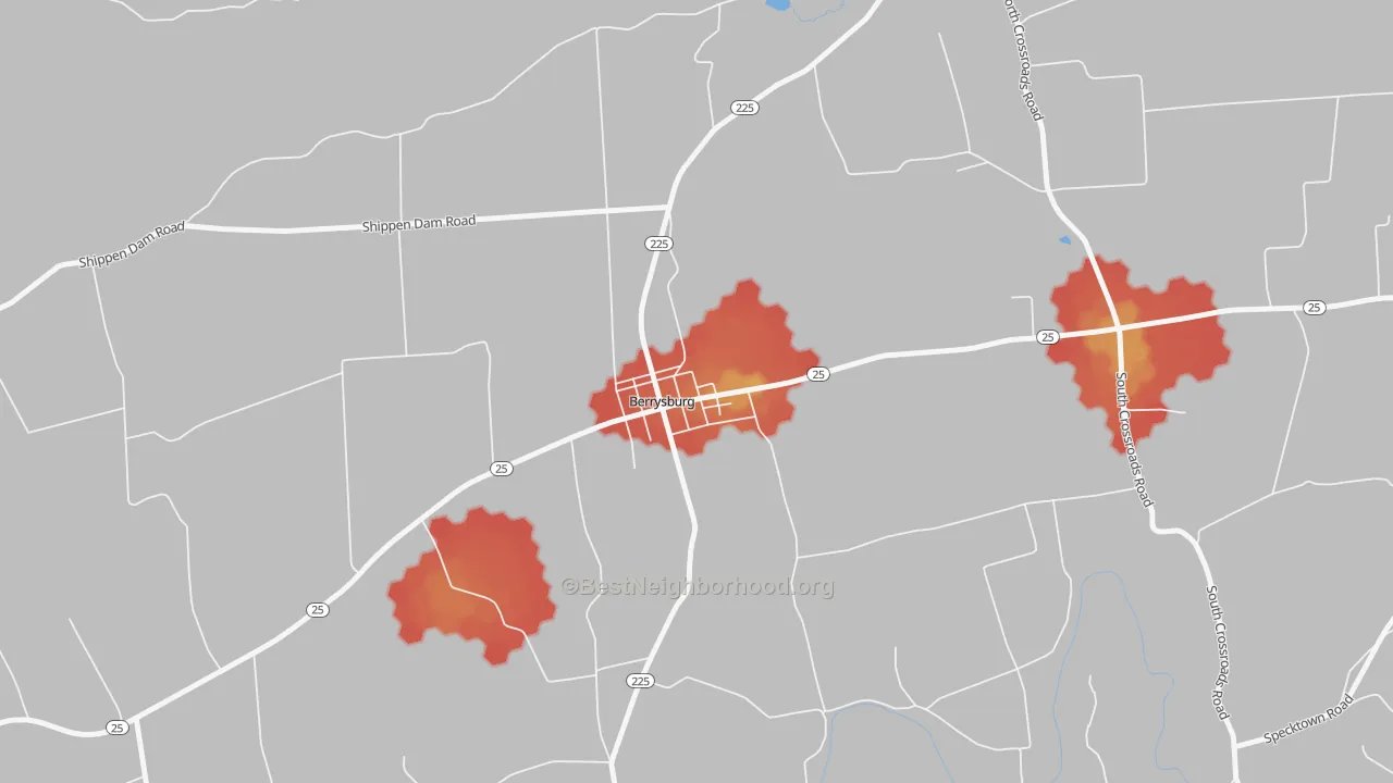 Walk Grade map of 17005, PA, walkable areas in green and car-dependent areas in red