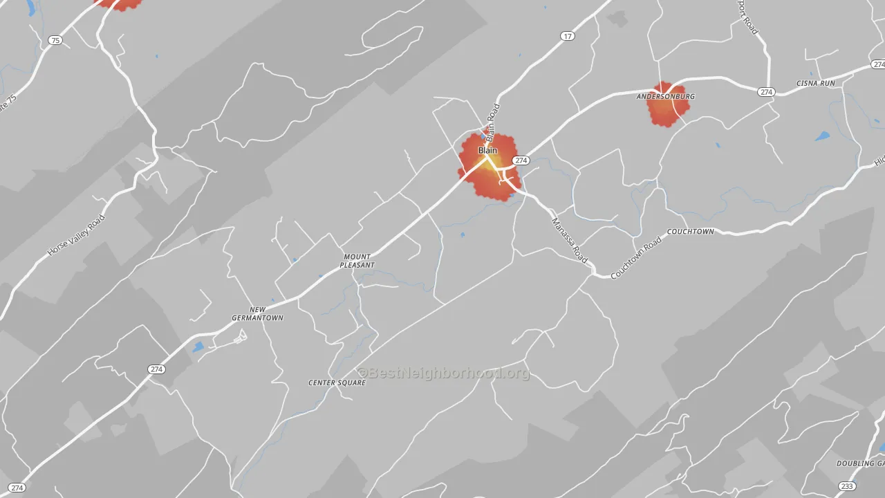 Walk Grade map of 17006, PA, walkable areas in green and car-dependent areas in red