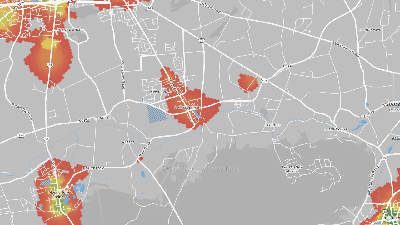 Walk Grade map of 17007, PA, walkable areas in green and car-dependent areas in red