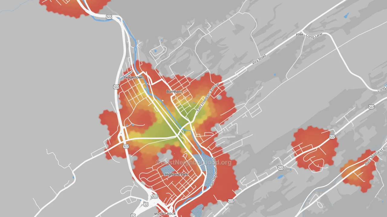 Walk Grade map of 17009, PA, walkable areas in green and car-dependent areas in red