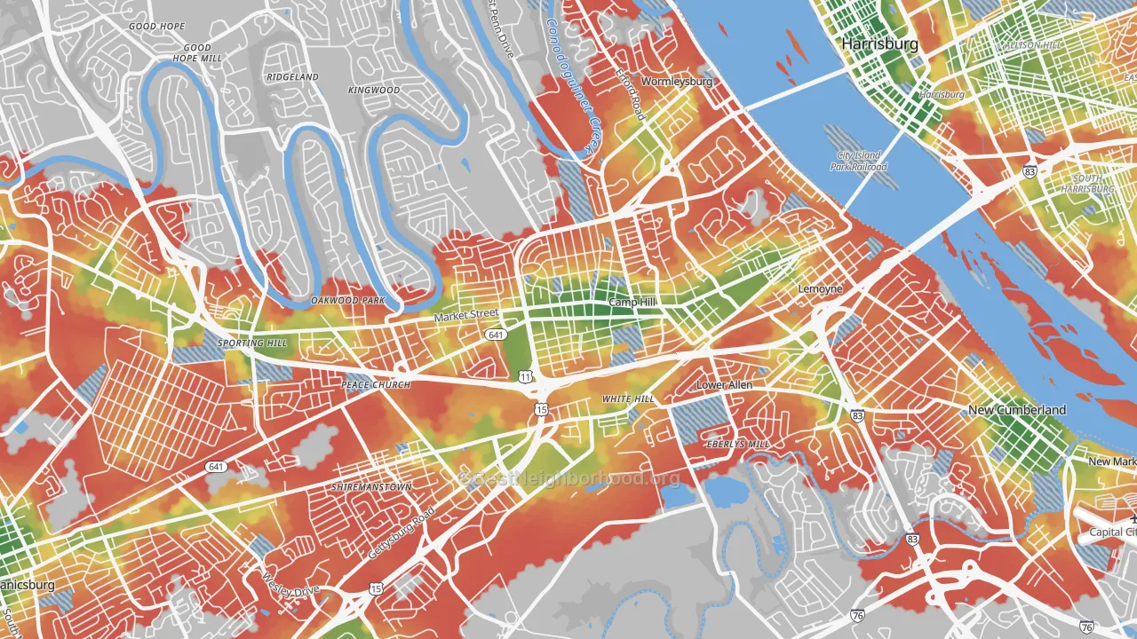 Walk Grade map of 17011, PA, walkable areas in green and car-dependent areas in red