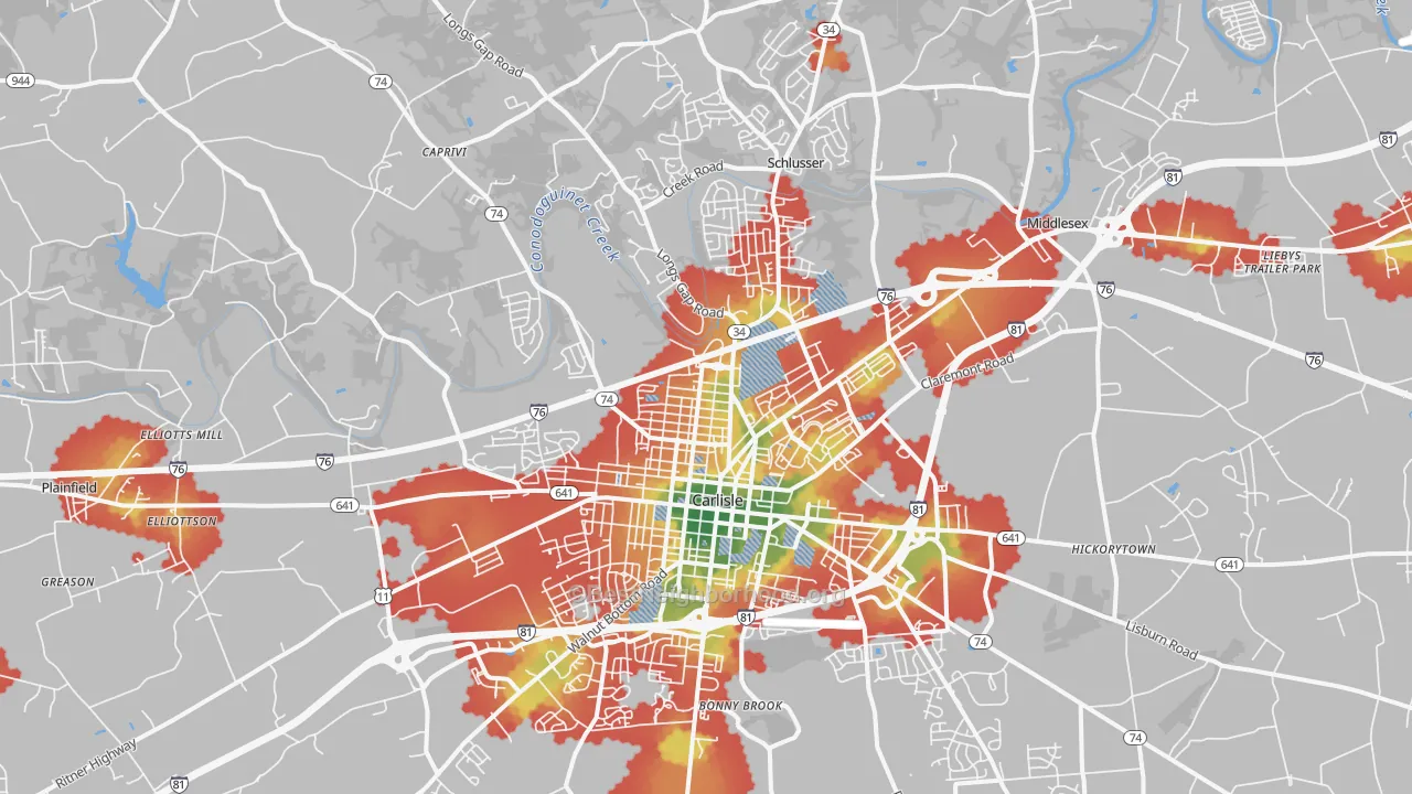 Walk Grade map of 17013, PA, walkable areas in green and car-dependent areas in red