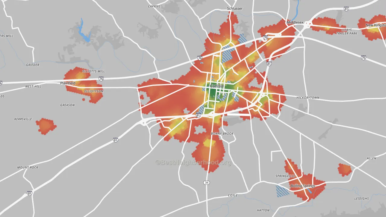 Walk Grade map of 17015, PA, walkable areas in green and car-dependent areas in red