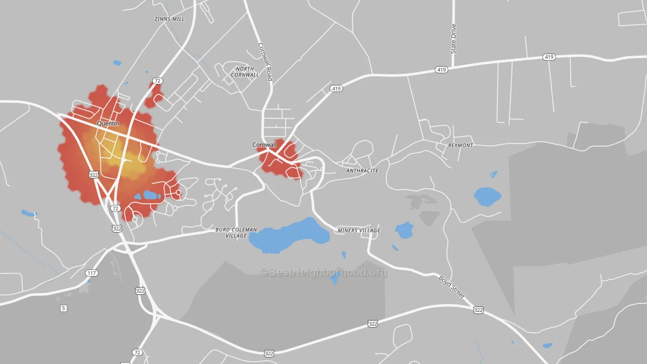 Walk Grade map of 17016, PA, walkable areas in green and car-dependent areas in red