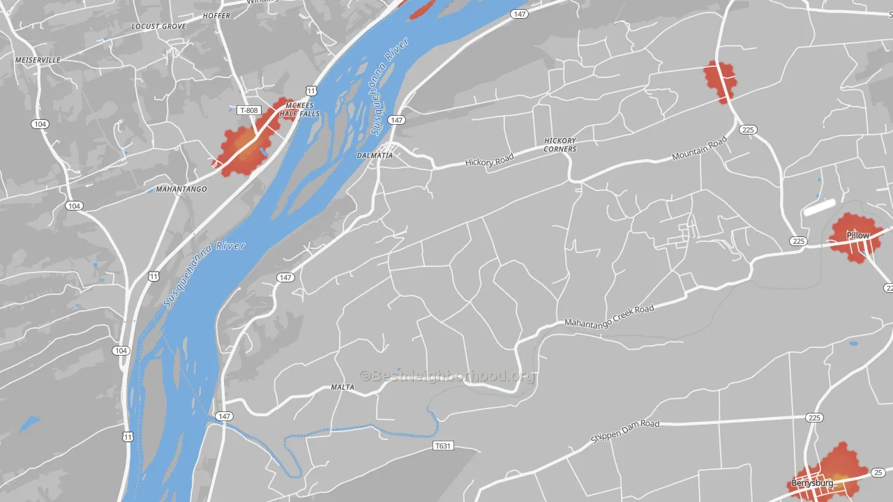 Walk Grade map of 17017, PA, walkable areas in green and car-dependent areas in red